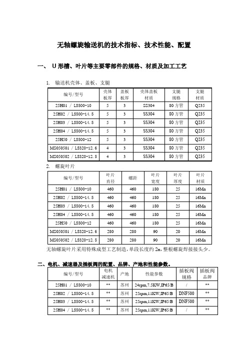 无轴螺旋输送机的技术指标、技术性能、配置