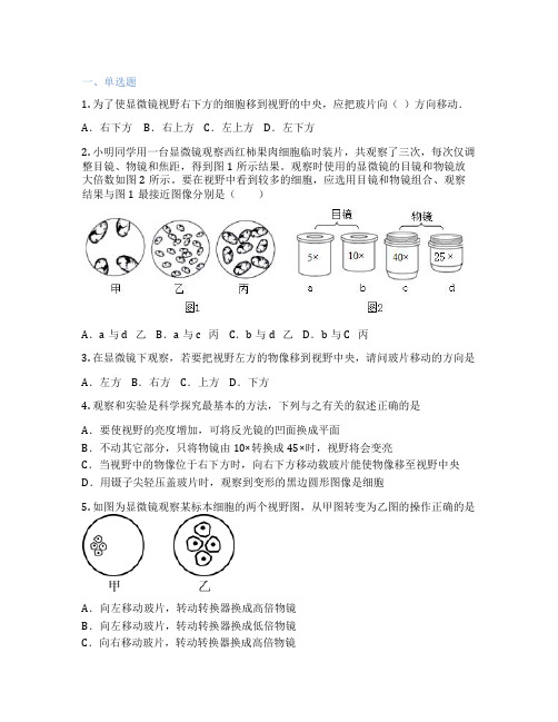 人教版生物 七年级上册 第一节 练习使用显微镜 课后练习题