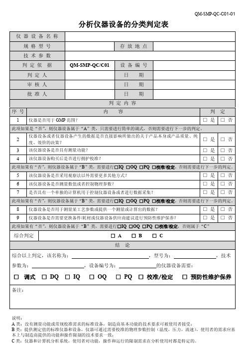 检验仪器设备的分类判定表