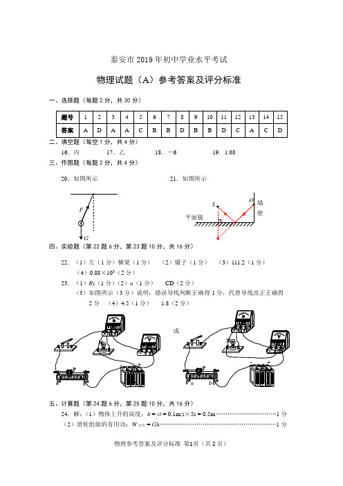 泰安市2019年初中学业水平考试物理试题参考答案