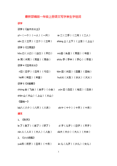 最新部编版一年级上册语文写字表生字组词