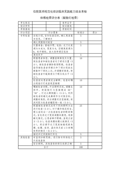 住院医师规范化培训临床实践能力结业考核 体格检查评分表(裂隙灯检查)