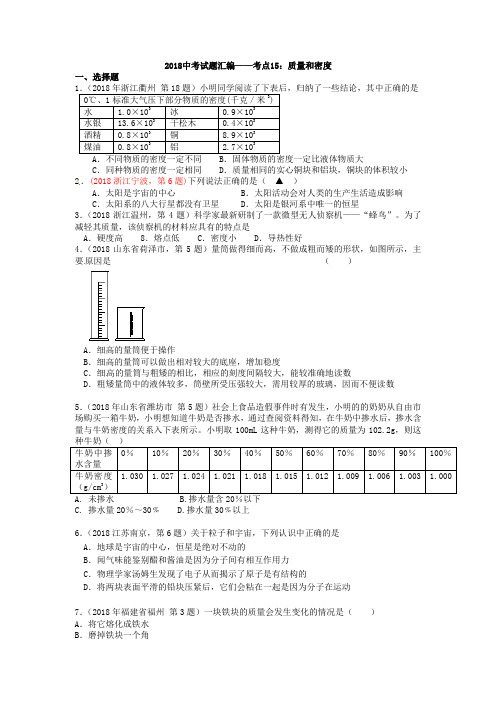 最新--全国中考物理分类汇编考点15质量和密度 精品