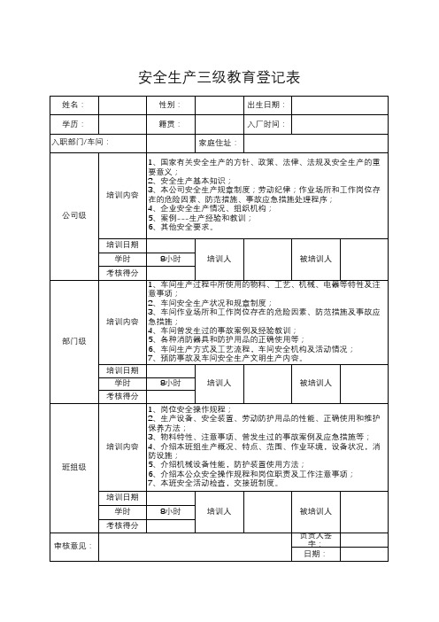 安全生产三级教育培训记录表