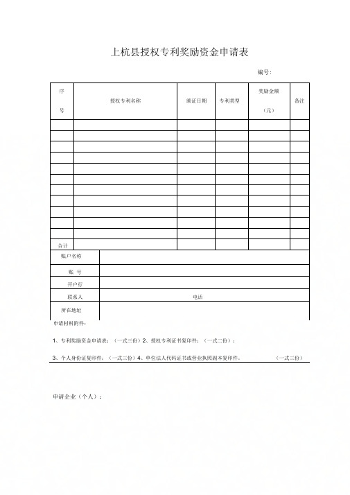 上杭授权专利奖励资金申请表