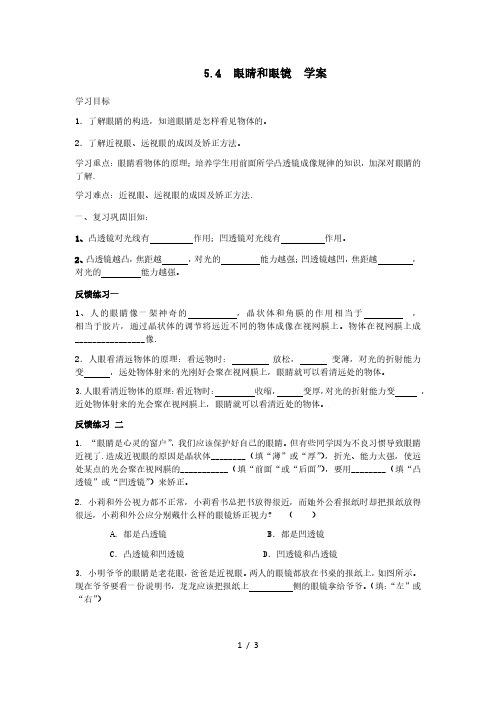 人教版八年级物理上册  5.4 眼睛和眼镜 学案