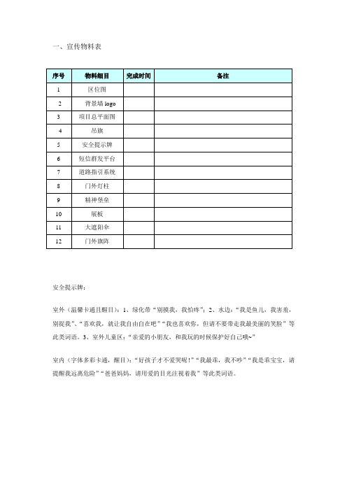 宣传、销售物料清单