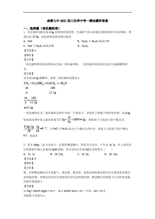 成都七中2021初三化学中考一模试题和答案