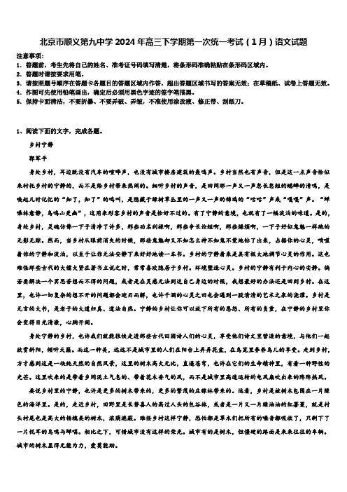北京市顺义第九中学2024年高三下学期第一次统一考试(1月)语文试题含解析
