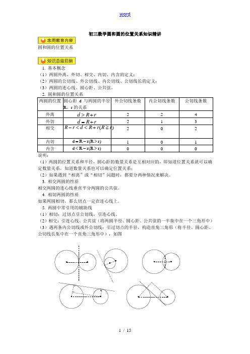 初三数学圆和圆的位置关系知识精讲