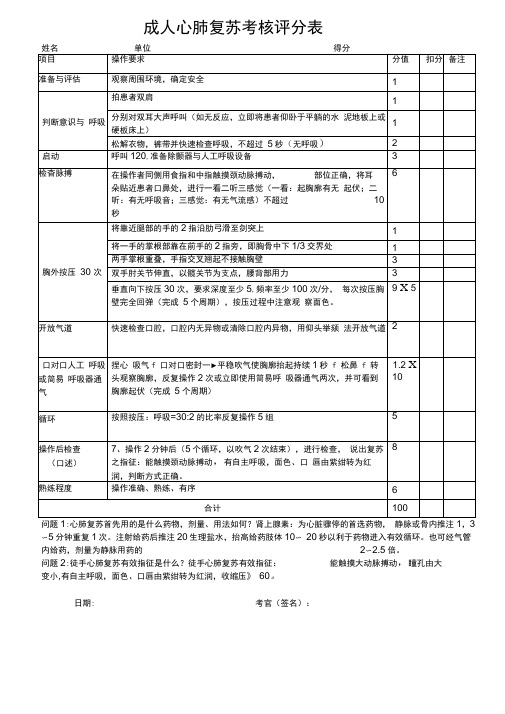 成人心肺复苏考核评分表