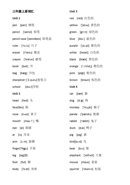 (完整word版)人教版三年级上册英语单词词汇带音标