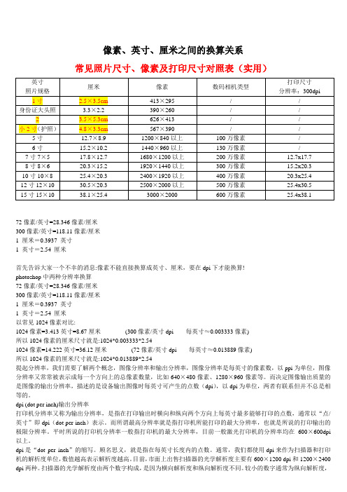 像素、厘米、英寸之间的换算关系