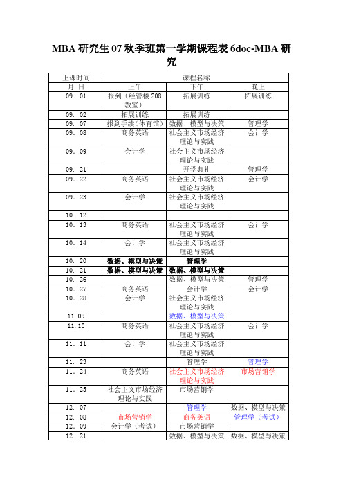 MBA研究生07秋季班第一学期课程表6doc-MBA研究