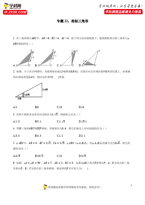 专题22:相似三角形-2020-2021学年九年级数学暑假提高训练专题(人教版)