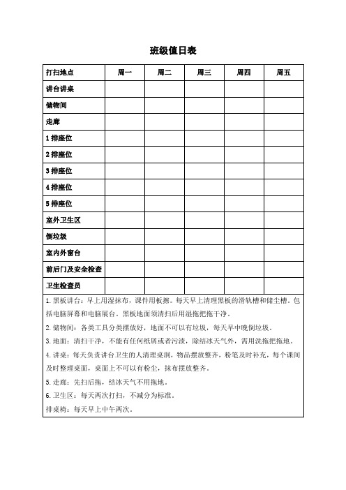 中小学班级值日表 模板