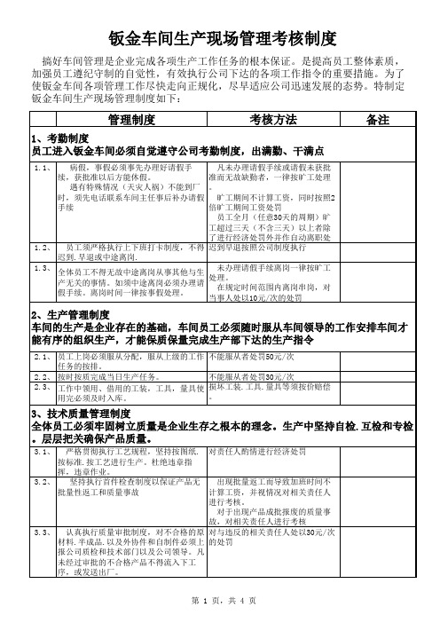 钣金车间管理考核制度