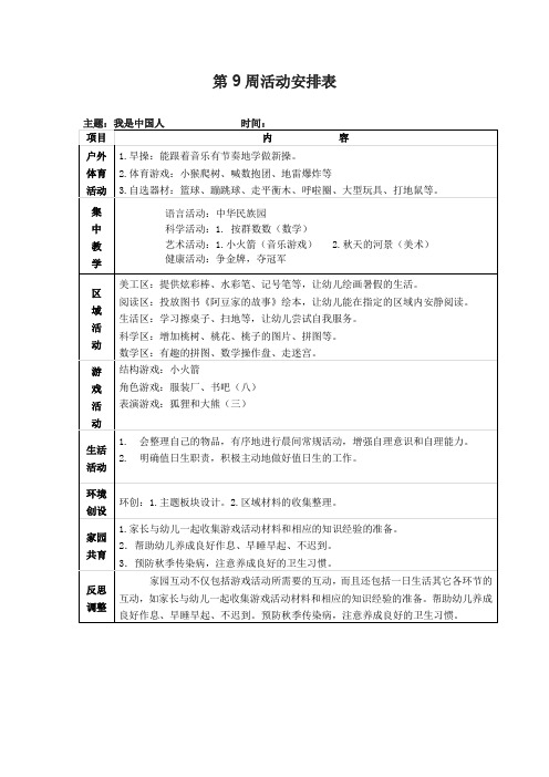 【幼儿园大班上学期】第9周活动安排表