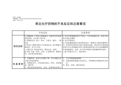 2020年常见化疗药物的不良反应和注意事项