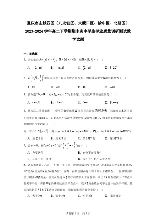 重庆市主城四区(九龙坡区、大渡口区、渝中区、北碚区)2023-2024学年高二下学期期末高中学生学业