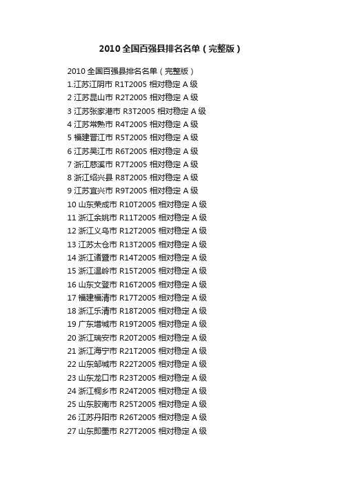 2010全国百强县排名名单（完整版）