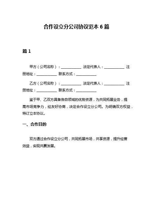 合作设立分公司协议范本6篇