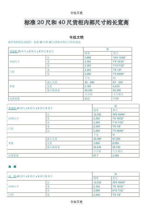 标准20尺和40尺货柜内部尺寸的长宽高之令狐文艳创作