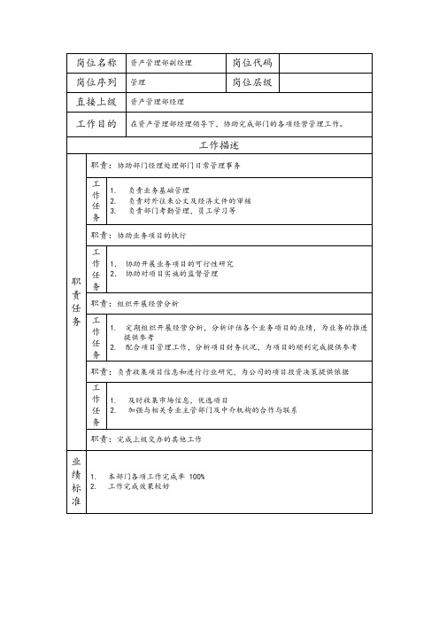 资产管理部副经理-投资管理类岗位职责说明书