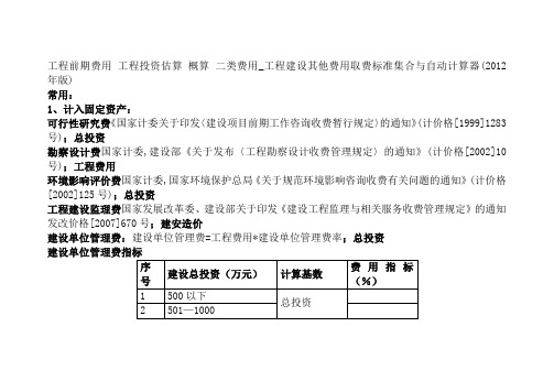 工程前期费用 工程投资估算 概算 二类费用_工程建设其他费用取费标准集合与自动计算器