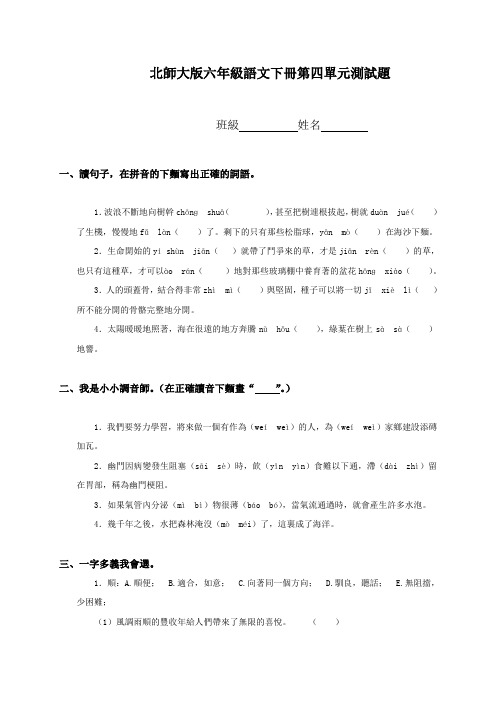 北师大版六年级语文下册第四单元测试题及答案