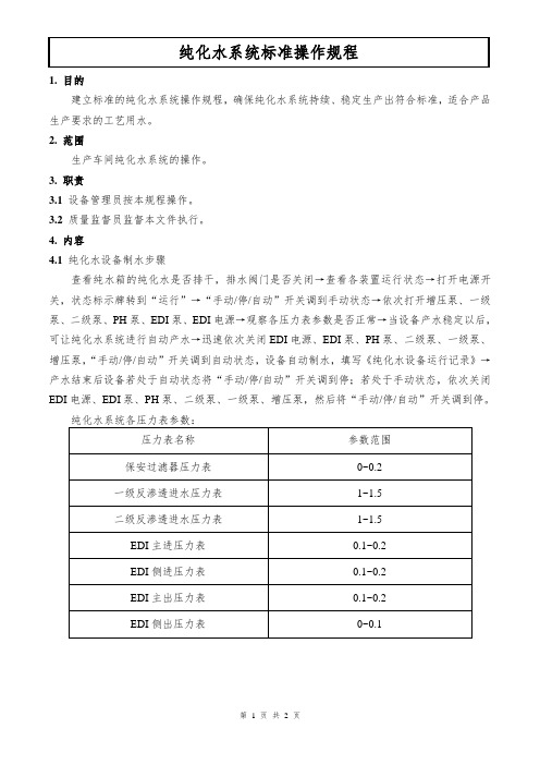 纯化水系统标准操作规程