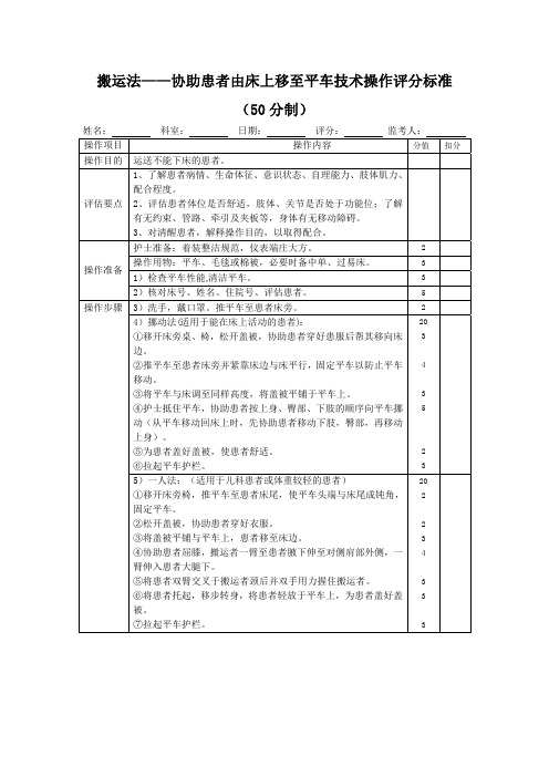 搬运法协助患者由床上移至平车技术操作评分标准表