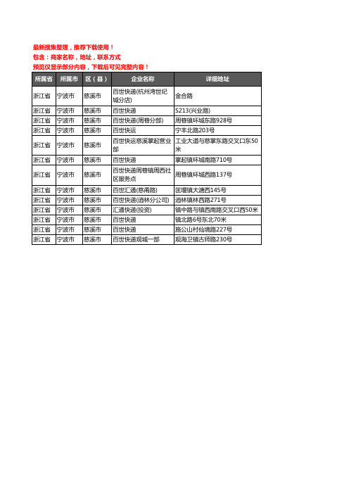 新版浙江省宁波市慈溪市百世汇通企业公司商家户名录单联系方式地址大全13家