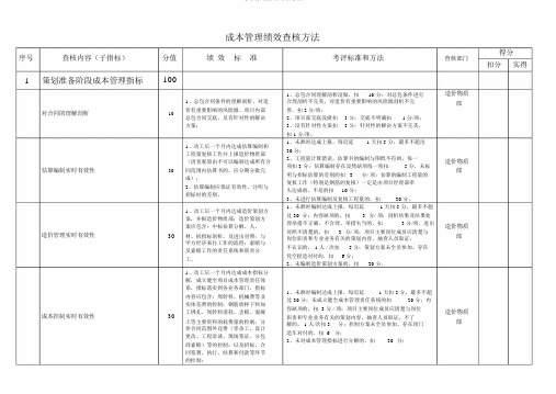 成本管理绩效考核指标