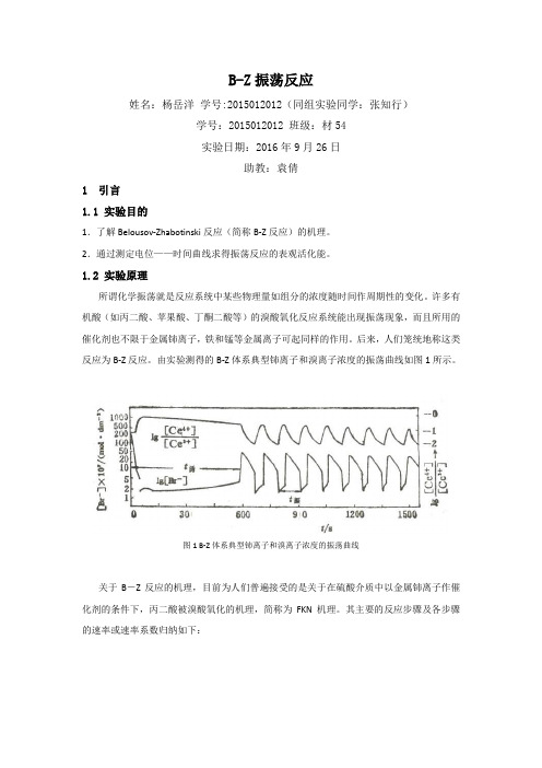 物理化学实验报告：B-Z振荡