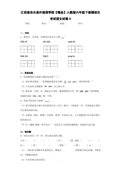 人教版六年级下册插班生考试语文试卷B(含答案解析)