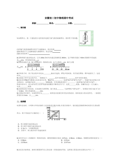 安徽初二初中物理期中考试带答案解析
