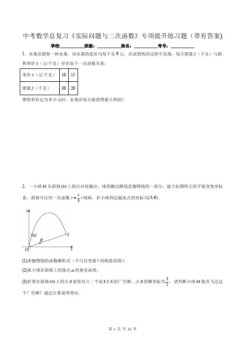 中考数学总复习《实际问题与二次函数》专项提升练习题(带有答案)