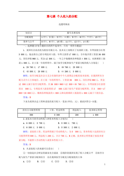 2018版高考政治一轮总复习第一部分第三单元收入与分配第七课个人收入的分配限时训练20170423261