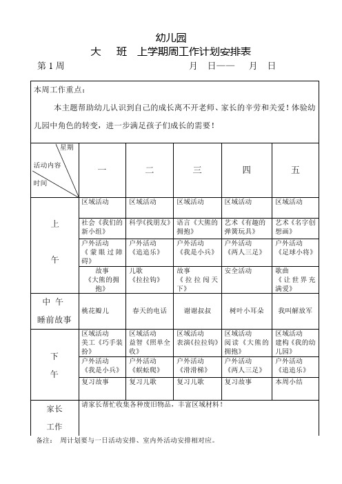 大班上学期第1周计划