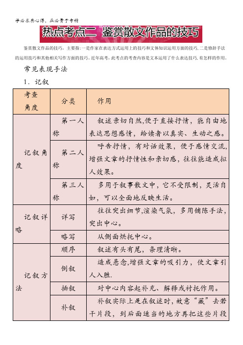 2017全国最新高考必考点语文命题揭秘之散文阅读热点考点二 鉴赏散文作品的技巧 含解析