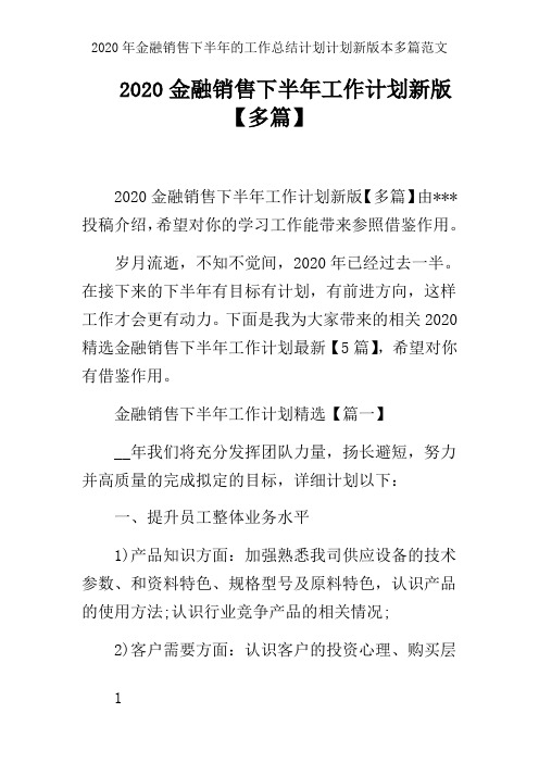 2020年金融销售下半年的工作总结计划计划新版本多篇范文