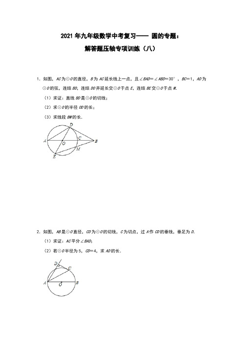 2021年九年级数学中考复习—— 圆的专题：解答题压轴专项训练(有参考答案