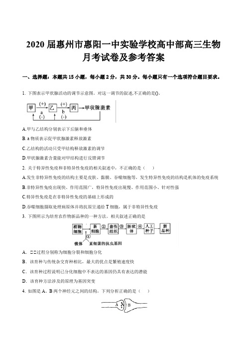 2020届惠州市惠阳一中实验学校高中部高三生物月考试卷及参考答案