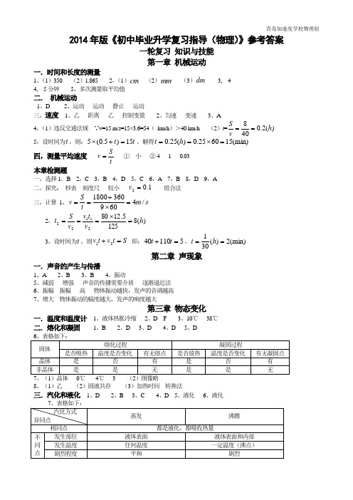 2014年版初中毕业升学复习指导物理答案要点