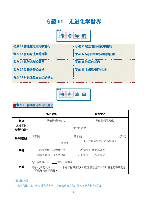 人教版九年级化学  专题01 走进化学世界(考点清单)