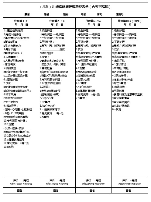 (儿科)川崎病临床护理路径表单(内容可编辑)