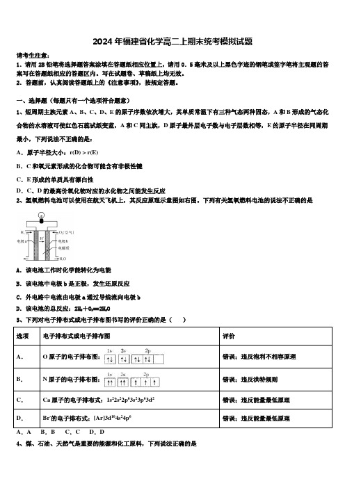 2024年福建省化学高二上期末统考模拟试题含解析