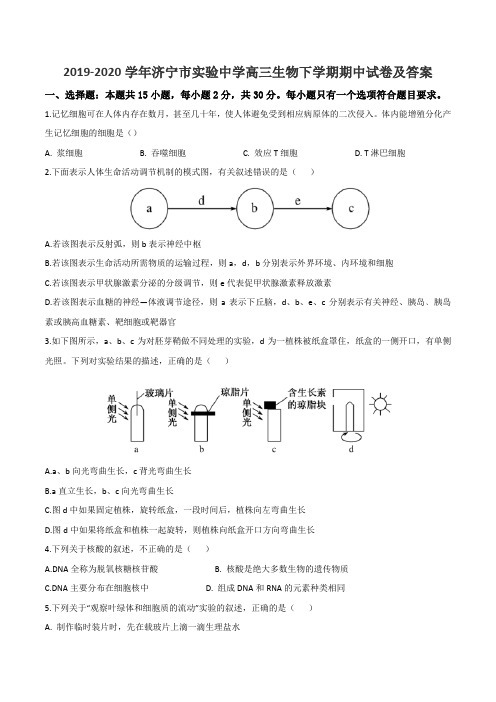 2019-2020学年济宁市实验中学高三生物下学期期中试卷及答案