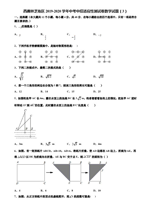 西藏林芝地区2019-2020学年中考中招适应性测试卷数学试题(3)含解析